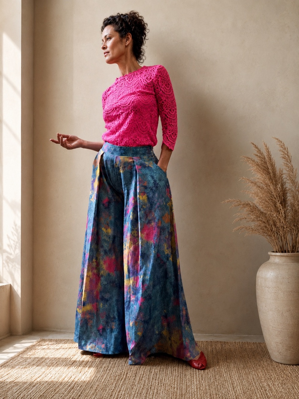Wide-Leg Printed Palazzo Pants in Multicolor
